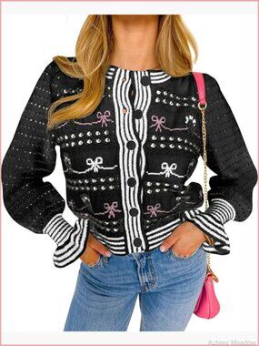 Cropped Cardigan Striped Puff Sleeve Cute Graphic Bow Knitted Sweater Outerwear